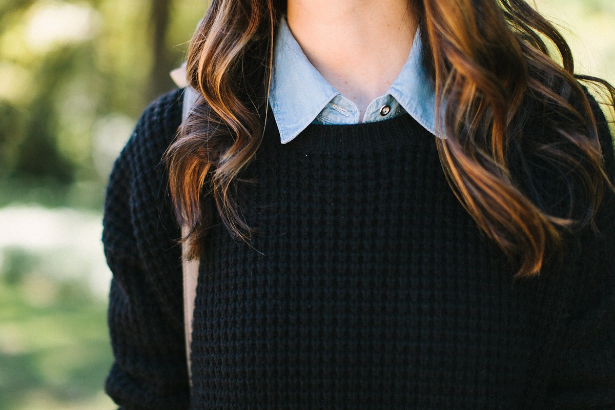 Black sweater and chambray collar